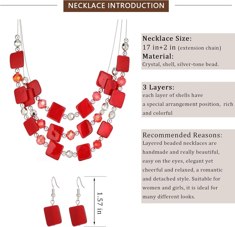 Errally Store Layered Beaded Statement Necklaces for Women Square Shell Bead Collar Necklace and Earring Set Birthday Gifts Boho Jewelry Sets for Women - Image 5